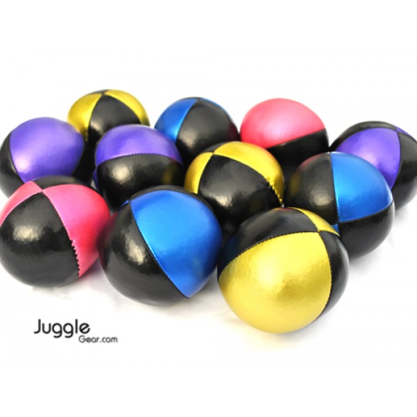 Eleven shiny juggling balls are featured against a white background. The balls range in colours, all of them with black panels, some with pink, purple, gold, and blue. 