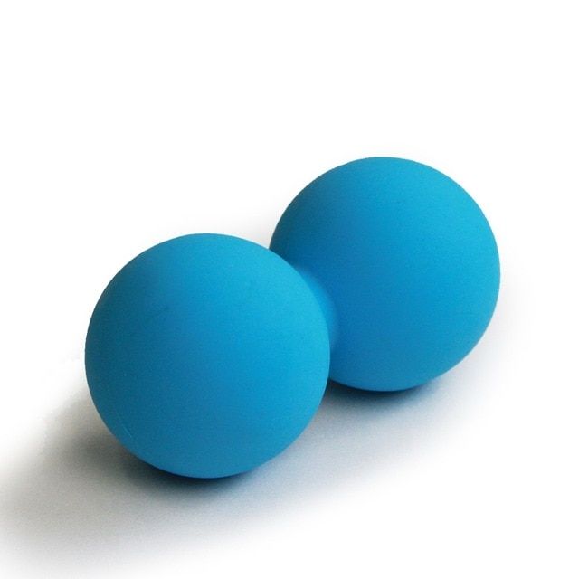 A teal rubber peanut against a white background. It looks similar to rubber balls with a connecting piece. 