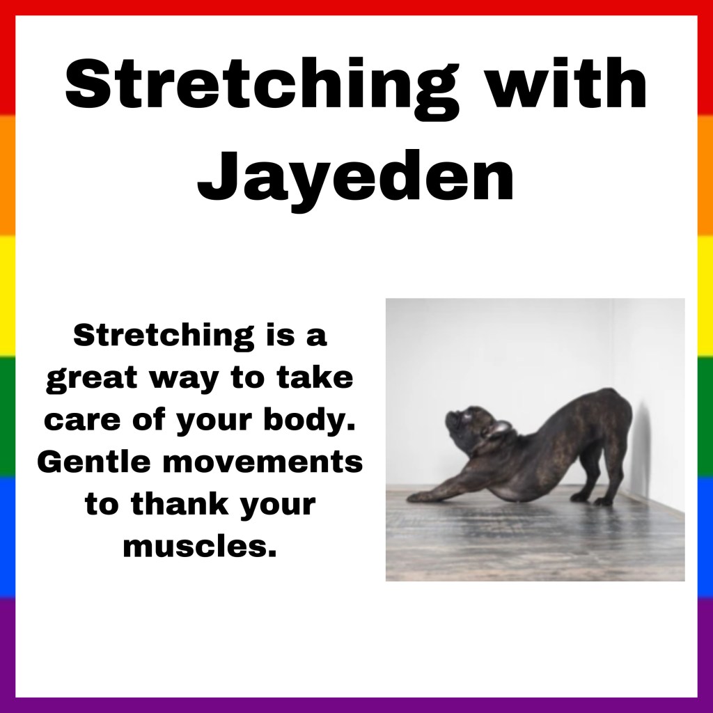 A white background with the title: stretching with Jayeden. The text reads: stretching is a great Way to take care of your body. Gentle movements to thank your muscles. A picture of a dog doing downward dog is on the side.
